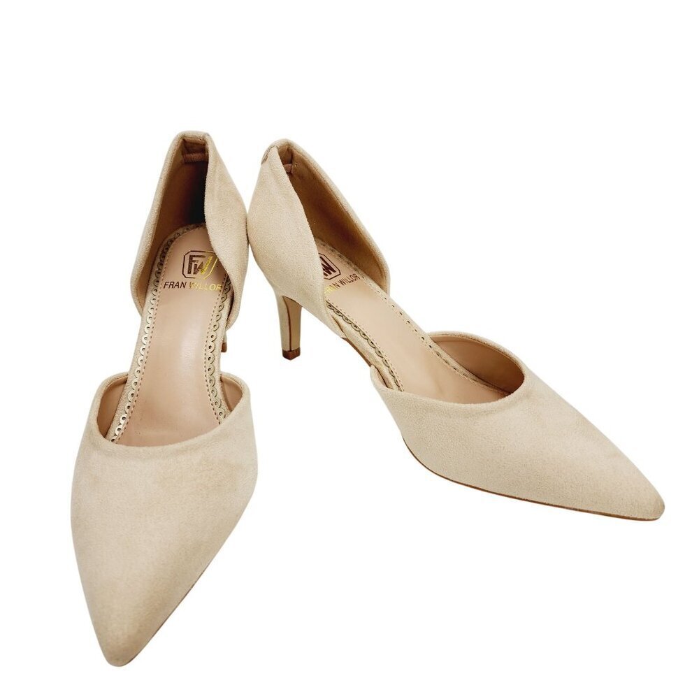 Fran Willor Beige Suede Heels Size 7 Pointed Toe DOrsay Style Womens Shoes - Picture 6 of 16